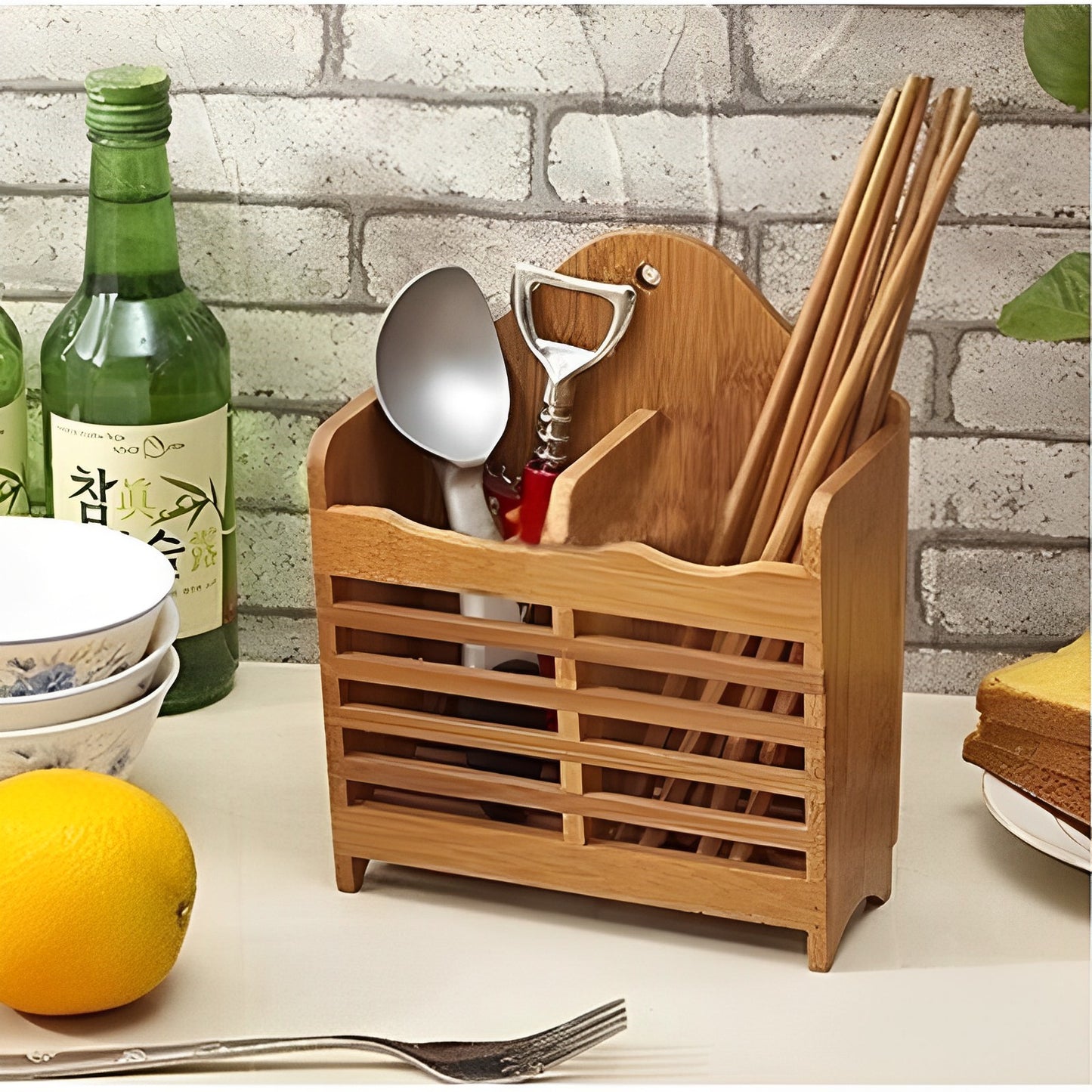 :  Kitchen Wooden Mini Spoon Holder And Bamboo Chopstick Basket